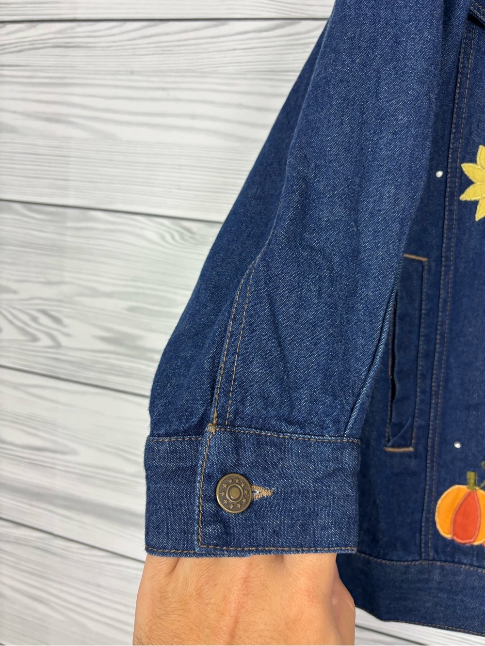 The Quacker Factory Fall Harvest Pumpkin Denim Jacket Size Small Halloween - Picture 2 of 10